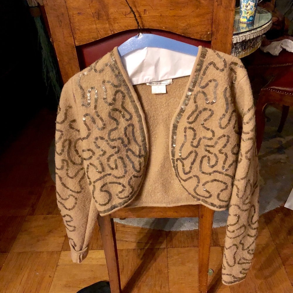 DKNY tan wool sequined jacket. Good for Fall.